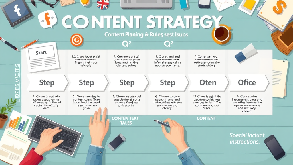 step-by-step content marketing for social media process diagram with planning rules and social platform elements