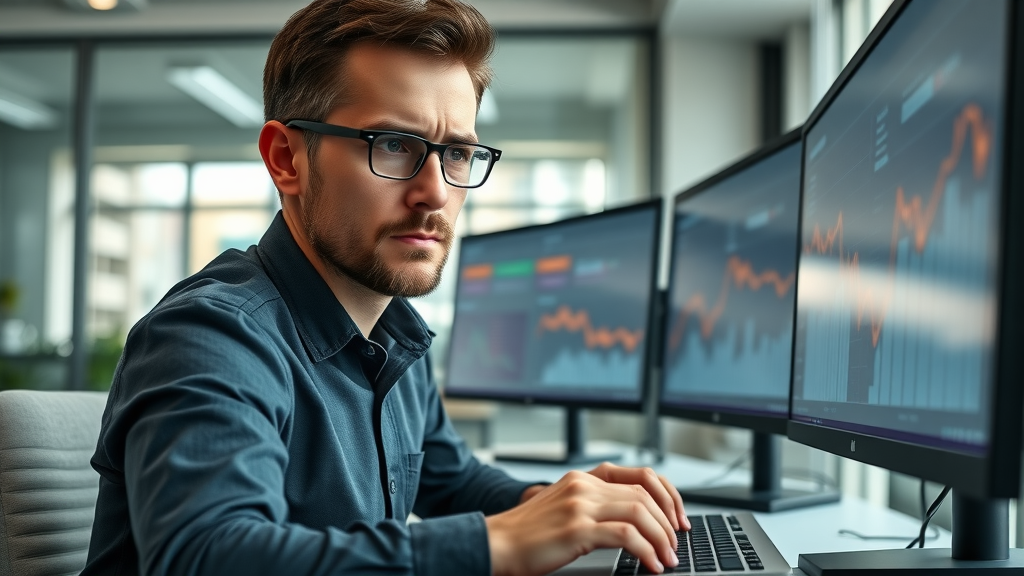 Concerned digital marketer focused on analytics dashboard for paid social campaigns in a modern office with declining graph charts