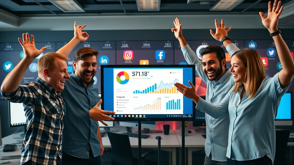 Triumphant marketing team collaborating around a screen with successful paid social campaign metrics in a high-tech workspace
