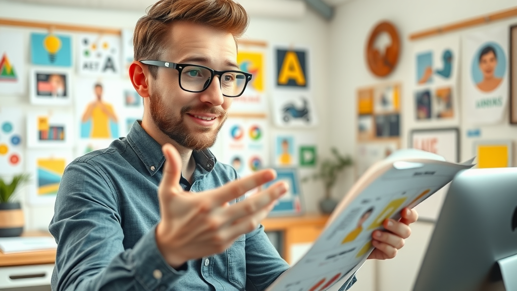 Creative director selecting vibrant social media ad creatives from a digital portfolio in a bright design studio