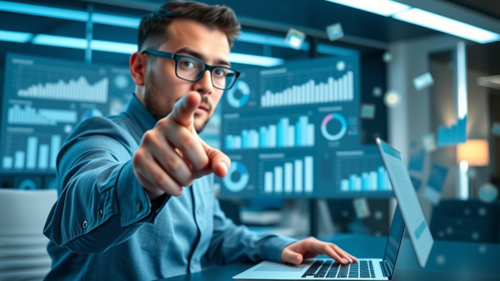 Marketing analyst pointing at detailed performance dashboard with social media metrics for paid social campaigns in a sleek office