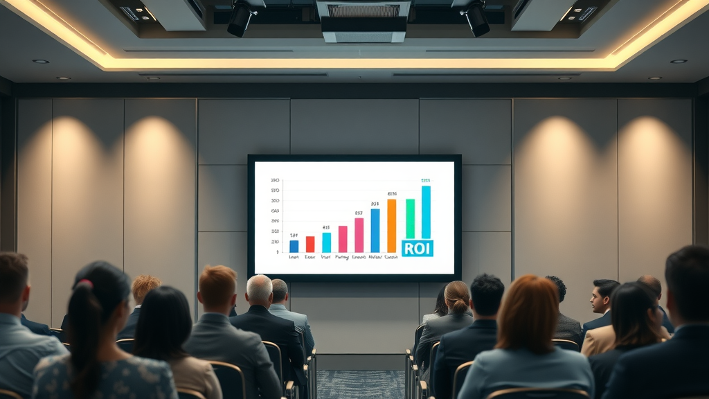 Business case study featuring before and after ROI bar charts for paid social campaigns in a modern conference room