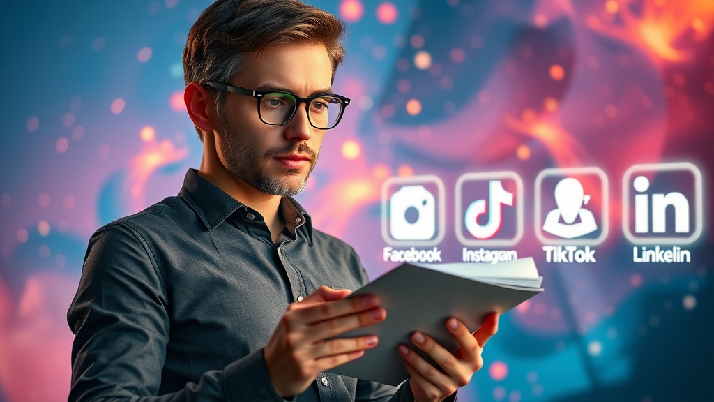 Motivated marketing professional taking notes with social media icons in background, emphasizing paid social campaign urgency