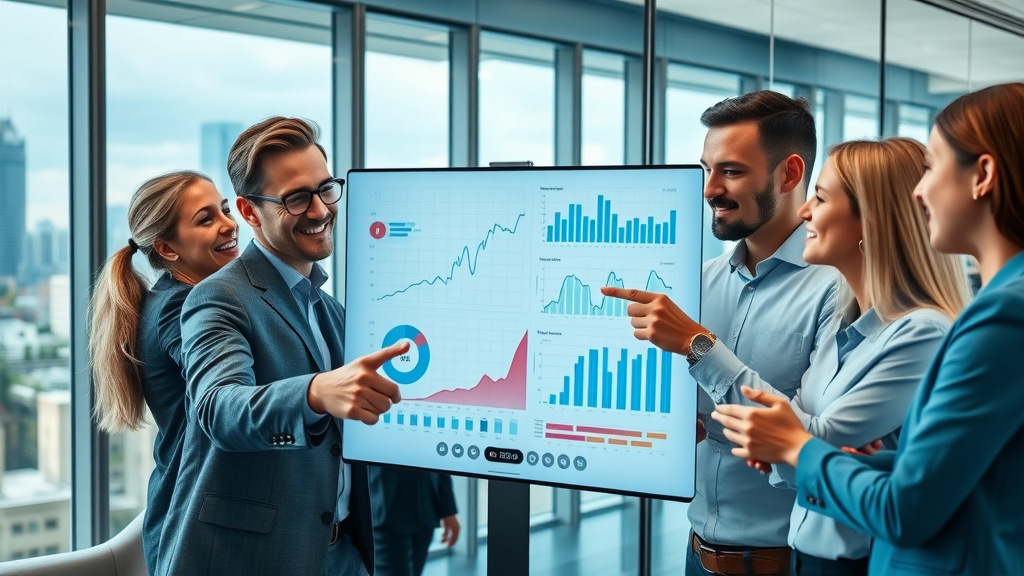 Content marketing best practices team analyzing digital marketing statistics in modern office