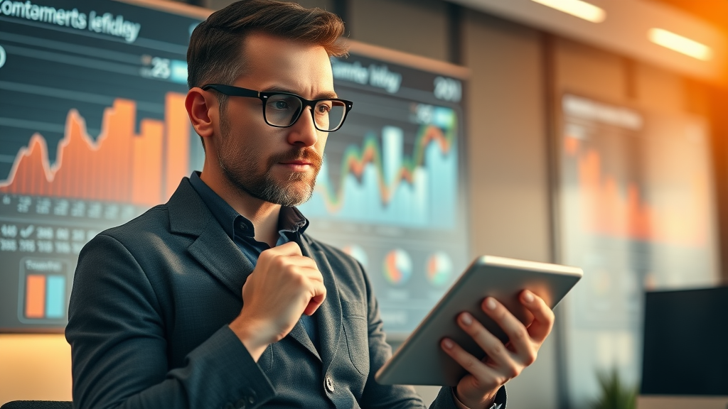 Content marketer studies analytics for ROI in modern workspace