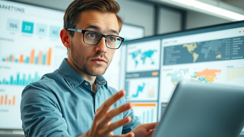Marketing analyst reviews audience research and demographic data for content marketing best practices
