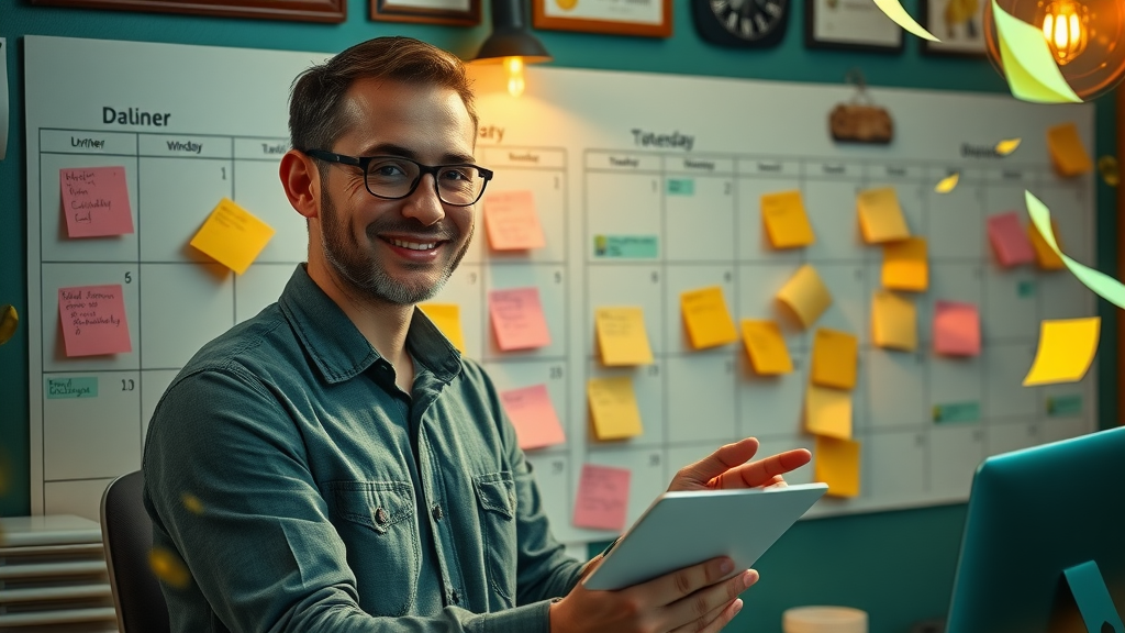 Marketing planner organizing tasks for a content calendar in a creative workspace