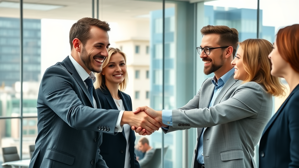dynamic business team engaging in handshake with client, customer trust building in a modern office background