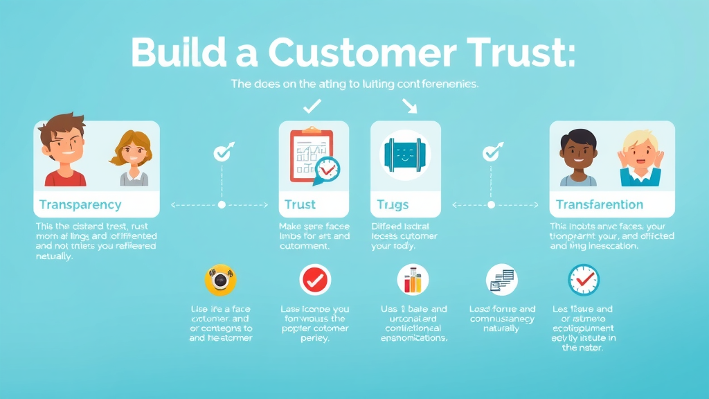 infographic steps to build customer trust, icons show transparency, communication, and customer experience