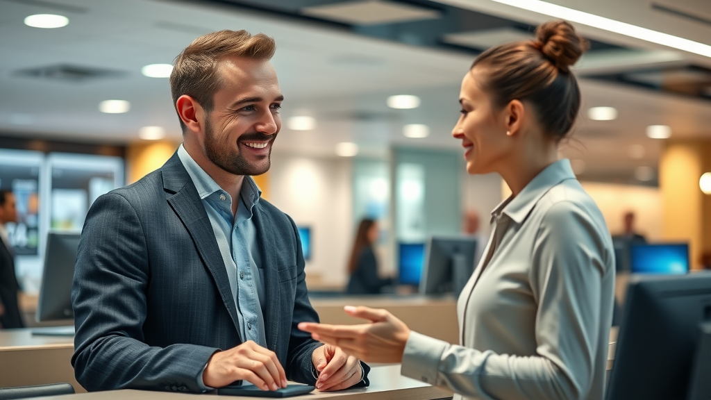 engaged customer and employee discussing service, customer trust building in a corporate lobby setting
