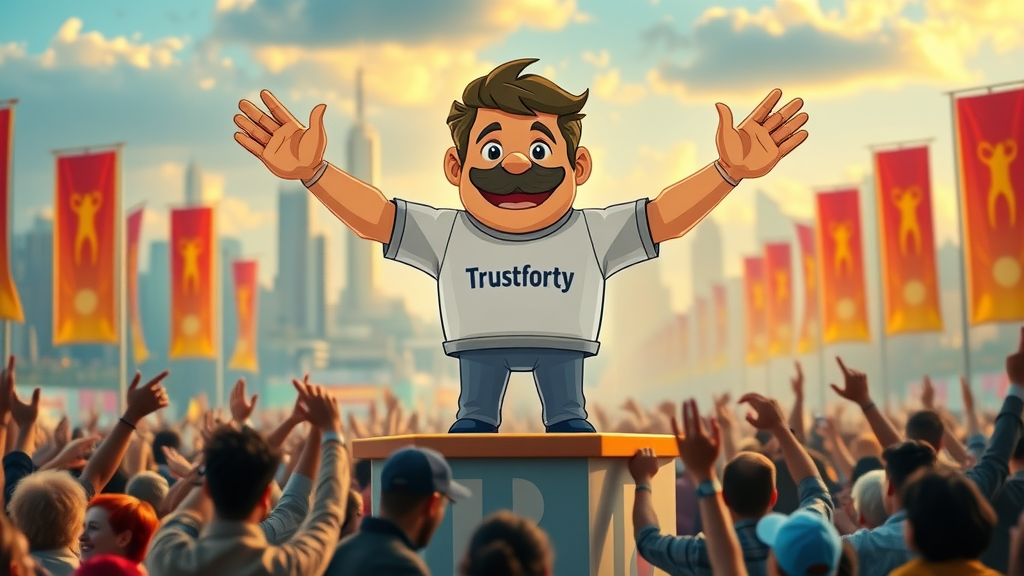 trustworthy brand icon with cheering customers on a podium, illustrating customer trust building and loyalty