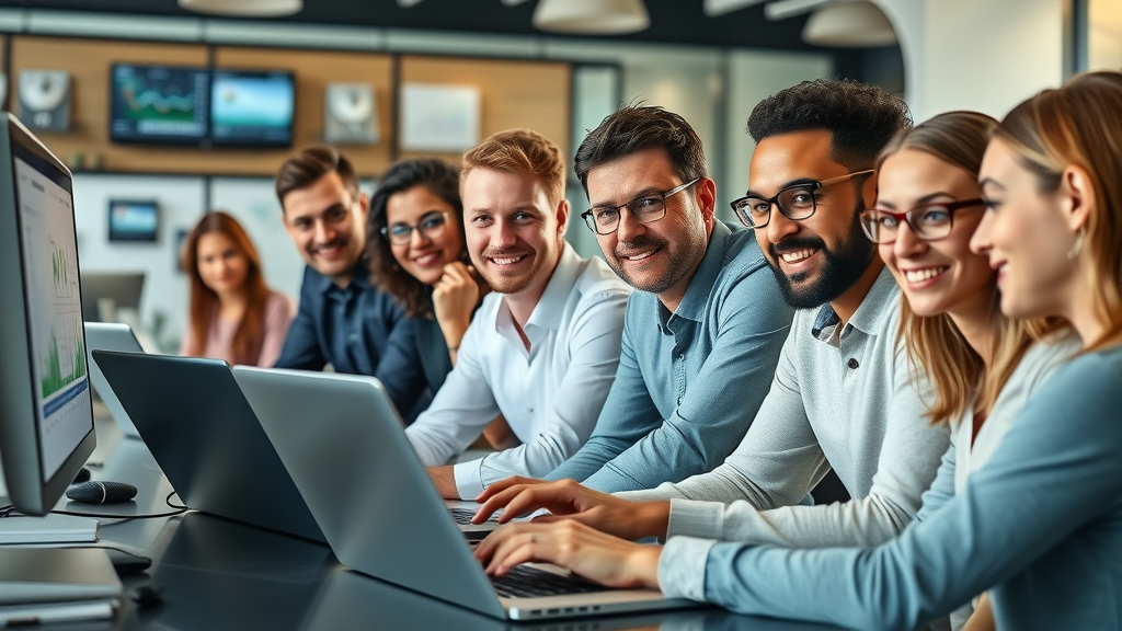 digital branding diverse business team analyzing marketing data in a modern office