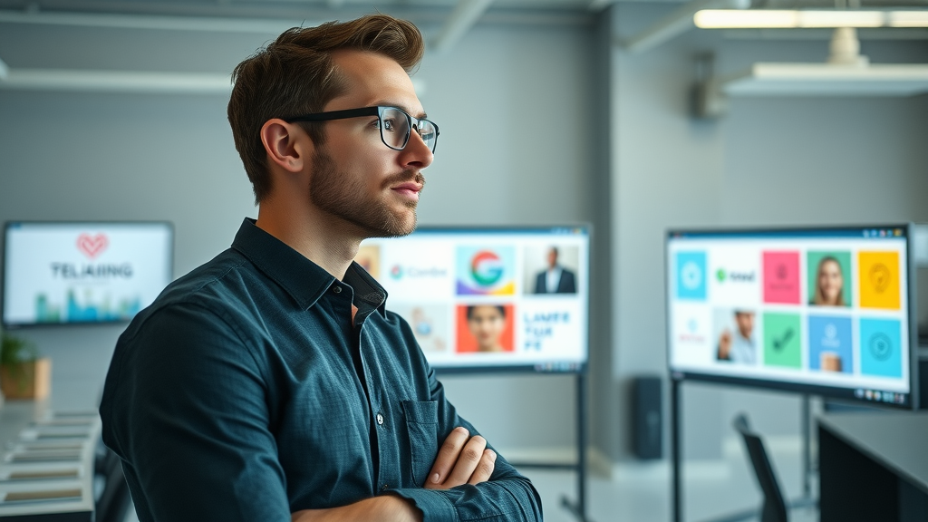 digital branding brand strategist at a workspace reviewing brand logos and color palettes