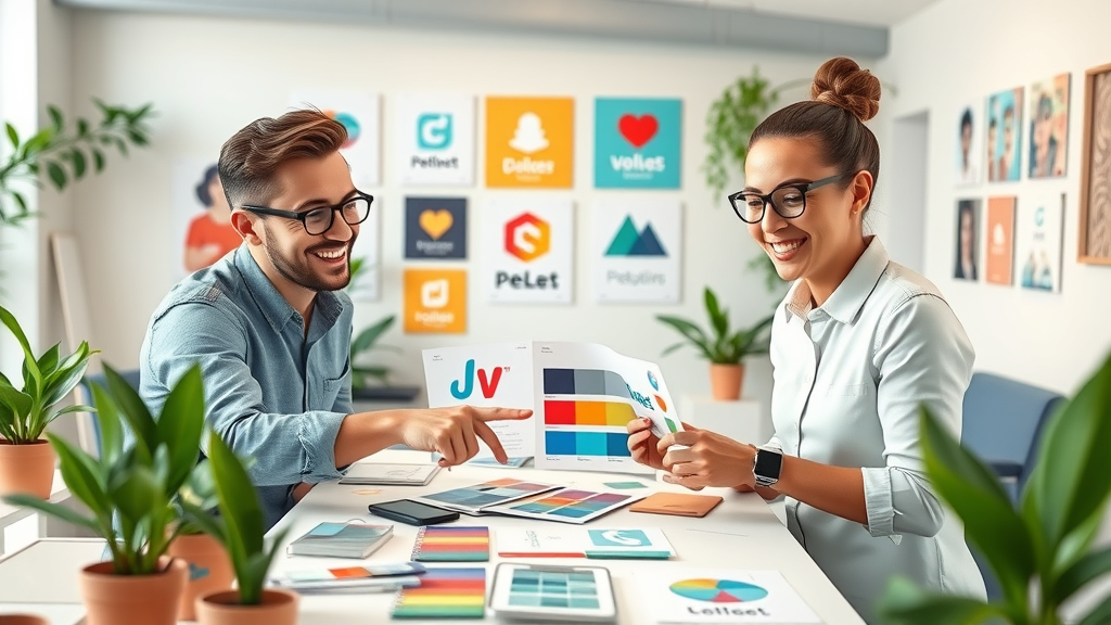 digital brand assets creative team collaborating and reviewing color swatches and logo mockups