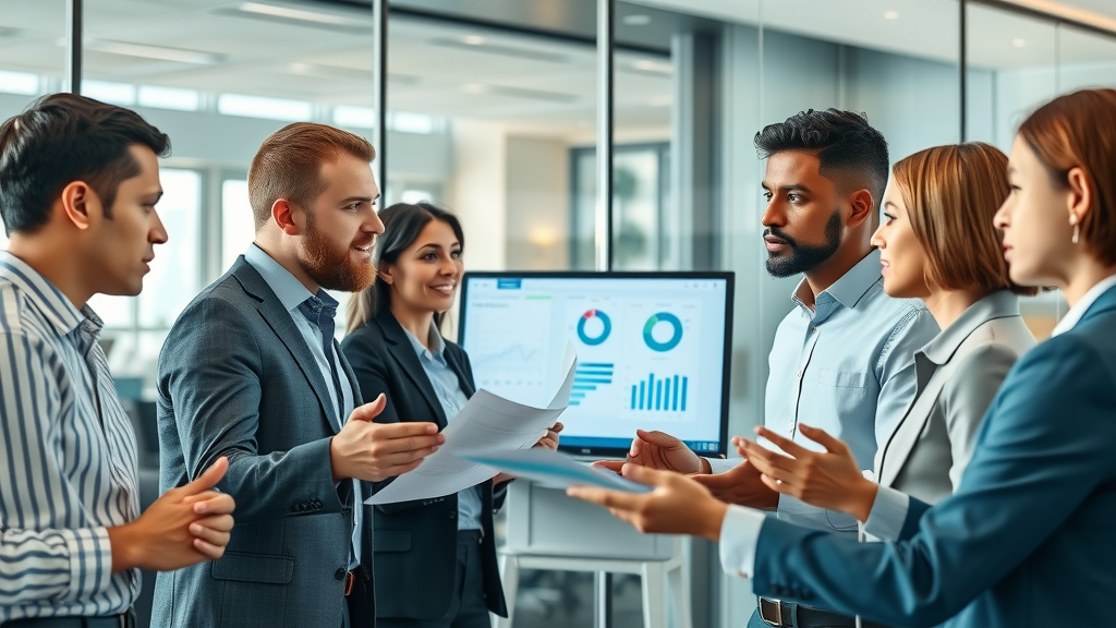 A diverse marketing team analyzing content marketing ROI performance charts in a modern glass-walled office, collaborating over digital screens displaying graphs.
