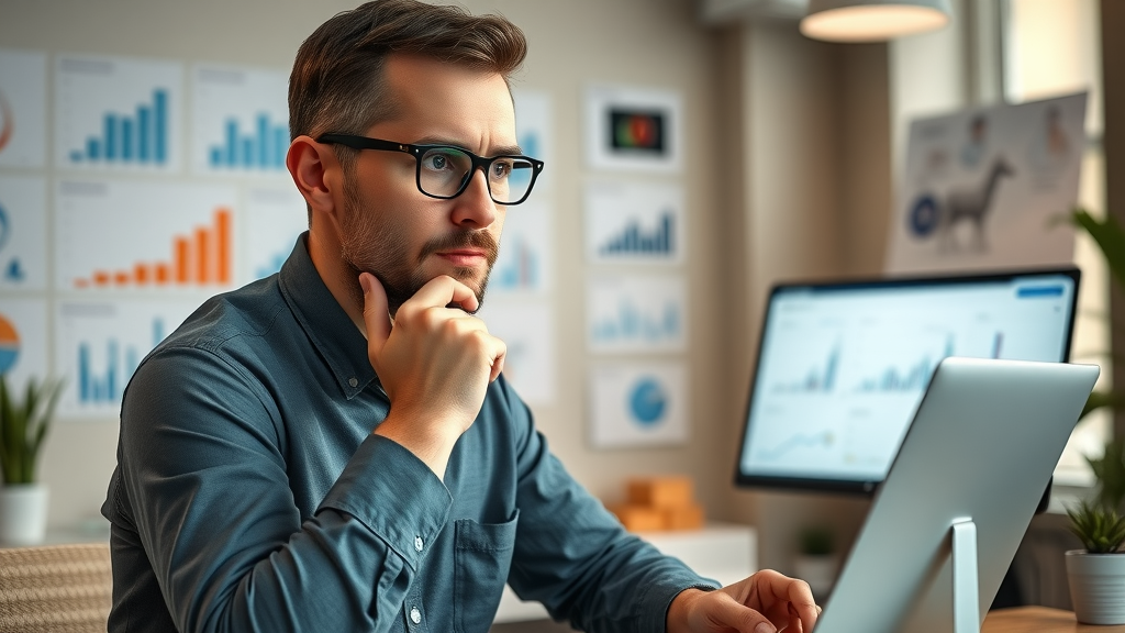 Professional marketer reviewing campaign results on a digital dashboard, analyzing content marketing ROI in a detailed workspace.