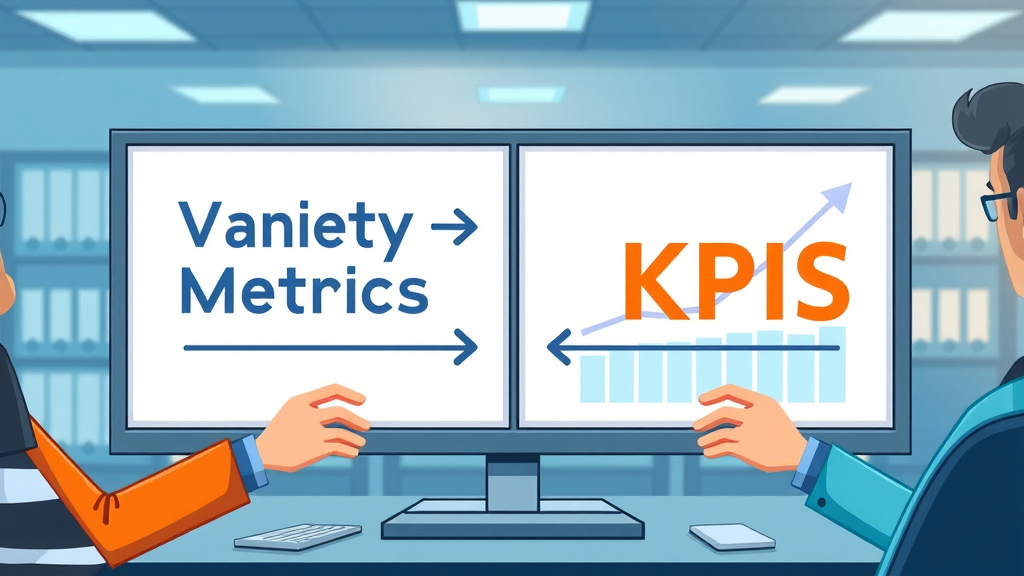 Illustrative comparison between vanity metrics and KPIs for content marketing ROI, showing the gap between surface data and meaningful performance indicators.
