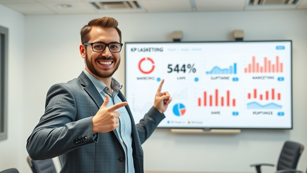 Cheerful strategist explains KPI dashboard for content marketing ROI in a minimalist conference room.