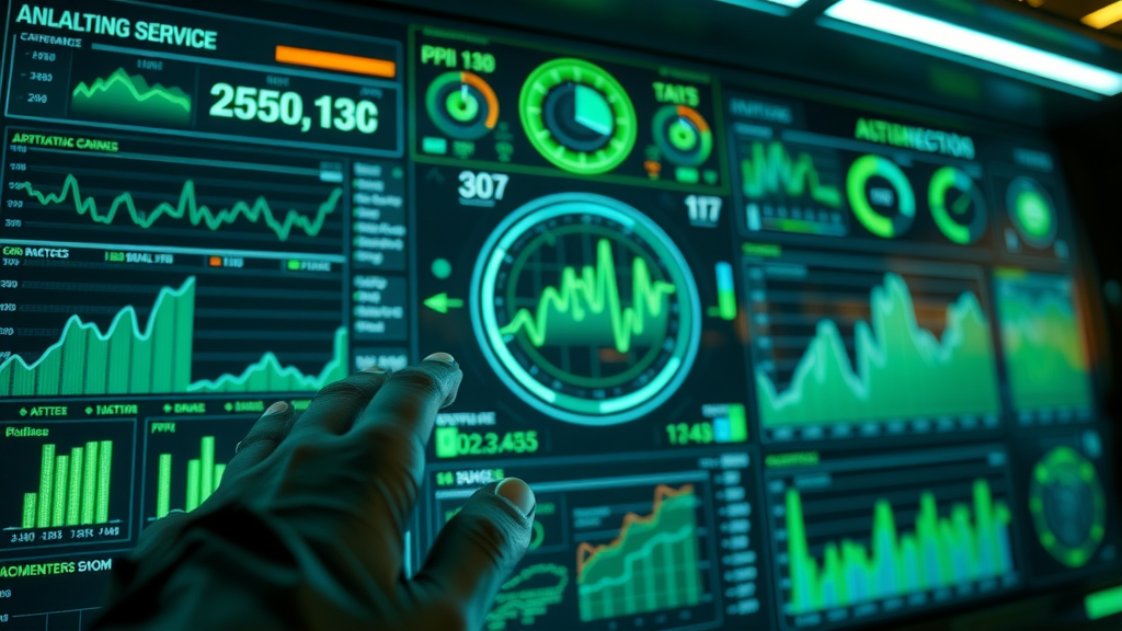 Complex analytics dashboard with multiple KPIs and glowing real-time graphics highlighting content marketing ROI.