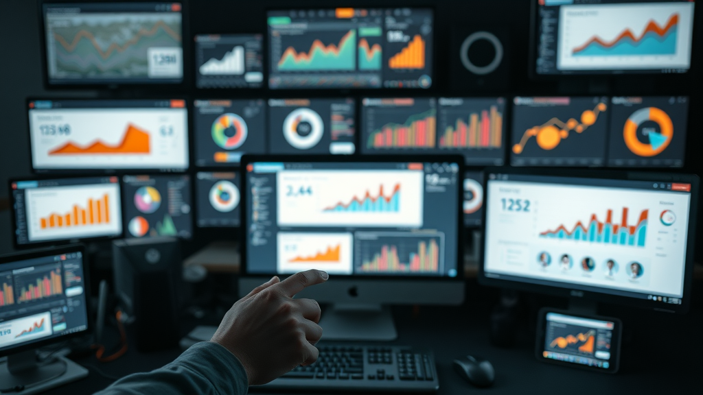 Collage of analytics tool interfaces such as Google Analytics and HubSpot, used for measuring content marketing ROI, in a cinematic workspace.