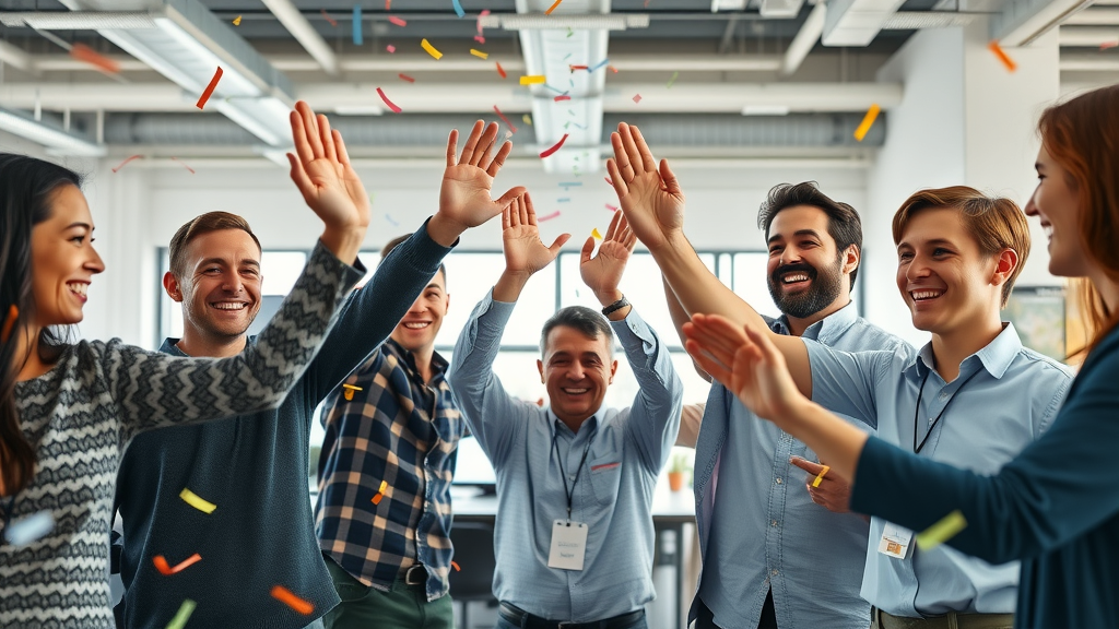 Team celebrating successful content marketing ROI with high-fives, confetti, and digital screens showing growth.