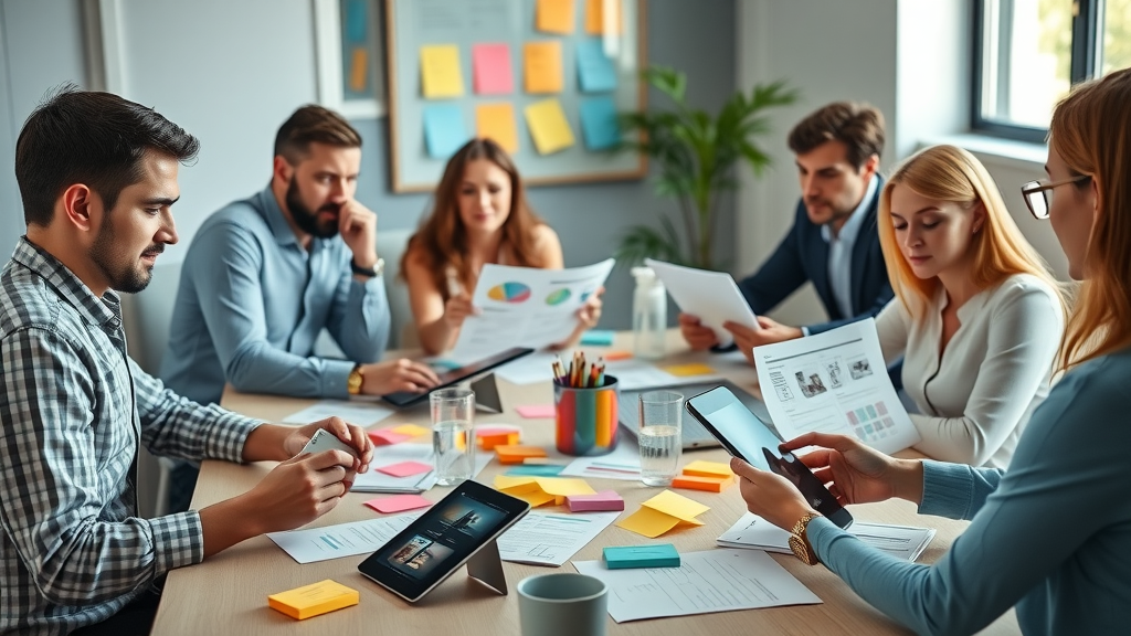 Motivated marketing team with digital tablets and colorful plans, ready to transform content marketing strategy for best ROI results.
