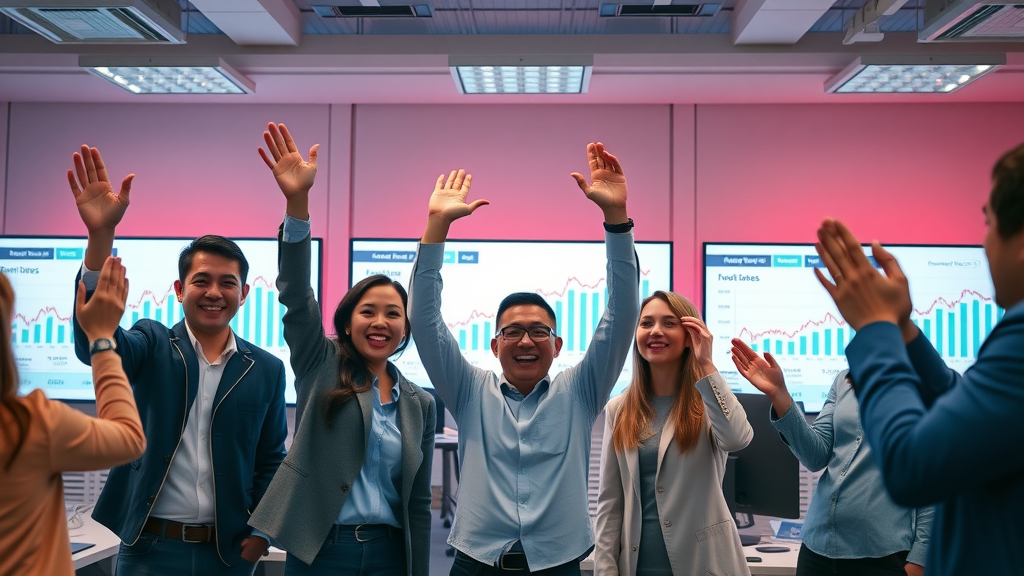 Cheerful marketing team celebrating after conversion tracking results improvement, modern office, digital screens