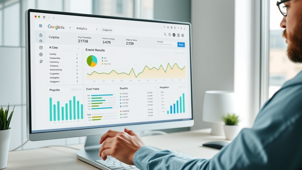 Website owner analyzes Google Analytics conversion tracking dashboard results, conversion data