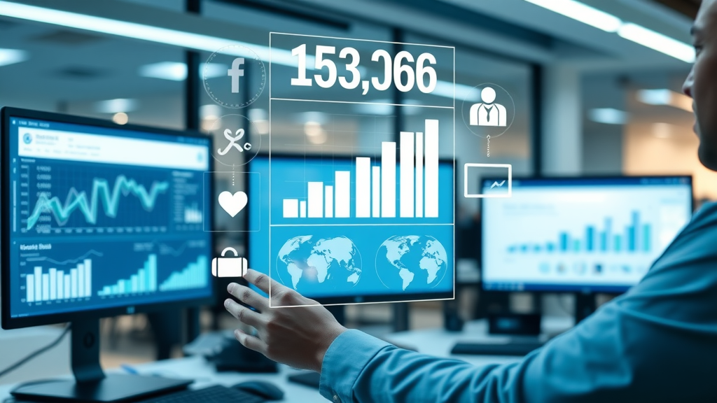 Digital infographic showing global social media platforms growth statistics with engaged user icons, photorealistic, modern office background, graphs on screens