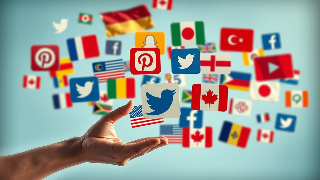 Collage of top social media platform logos with country flags, visually comparing user bases, cinematic, crisp focus