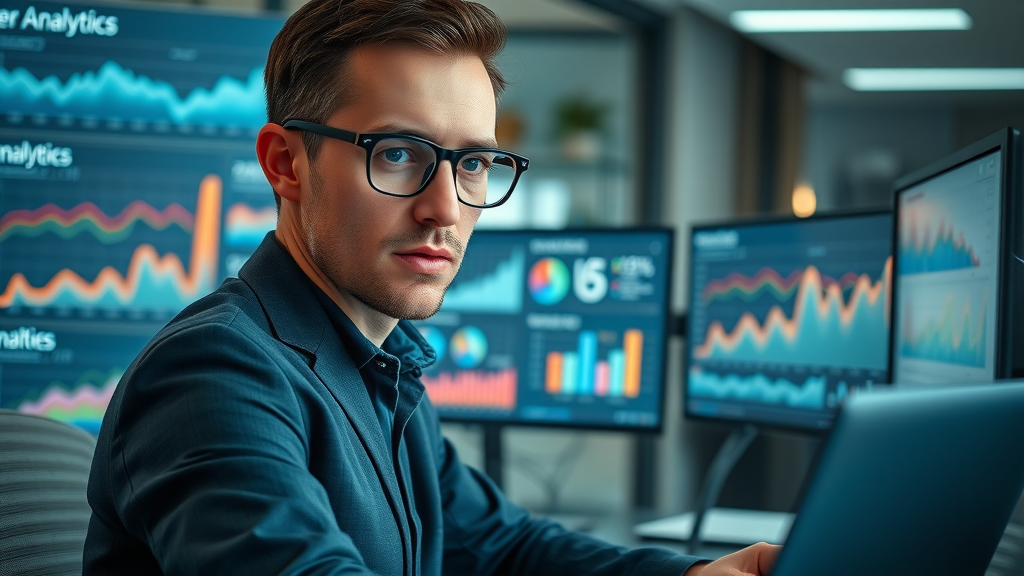 Tech-savvy analyst evaluating user analytics dashboard for active users on social media platforms, highly detailed office scene