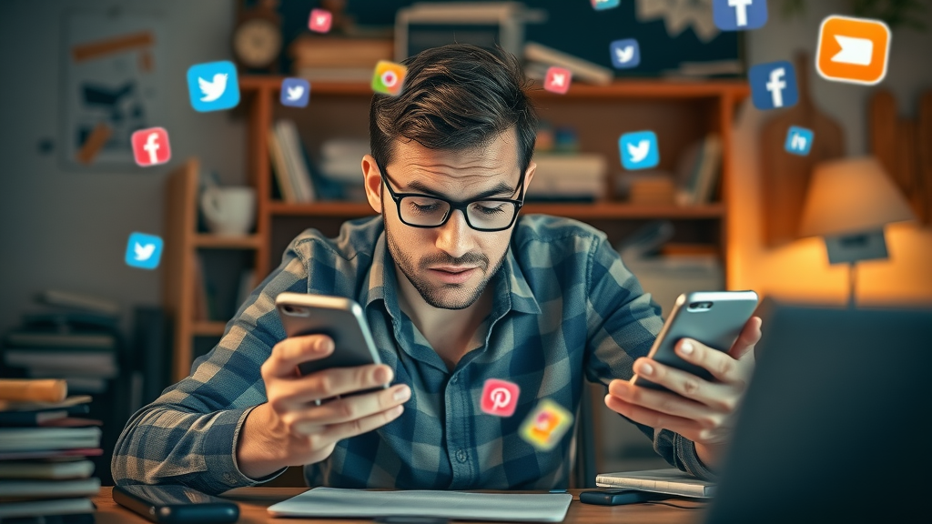 Overwhelmed entrepreneur multitasking on several smartphones with various social platform icons, stressed work environment, highly detailed