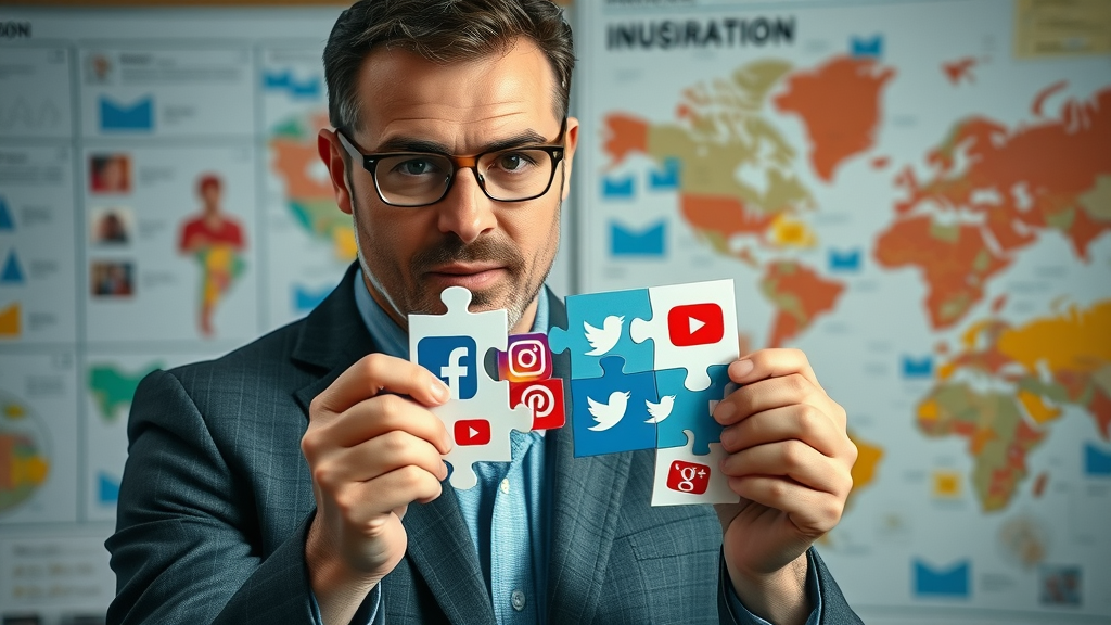 Organized strategist assembling social media platform puzzle, whiteboard planning, highly detailed background, platform logos