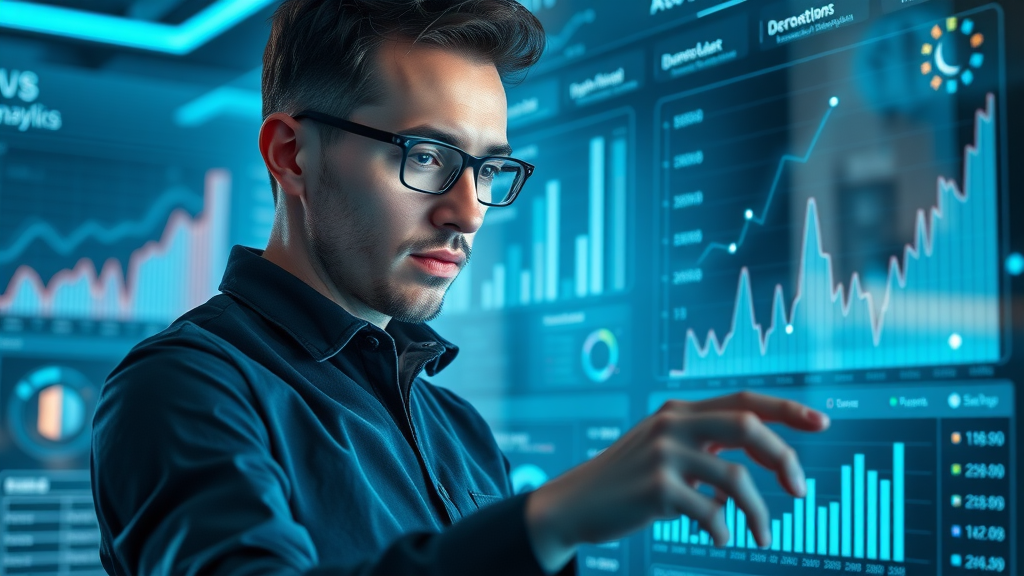 Digital marketer studying performance graphs and analytics for social media platforms, futuristic UI, detailed, blue palette