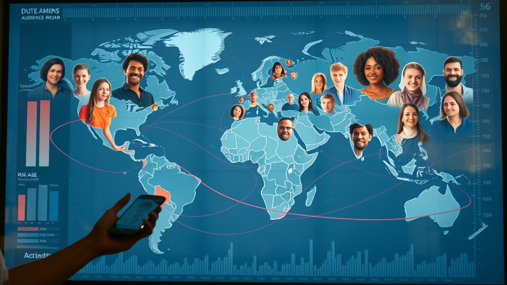 World map visualization of social media platform demographics, diverse avatars, age and gender graphs, global audience reach, multicolor scheme