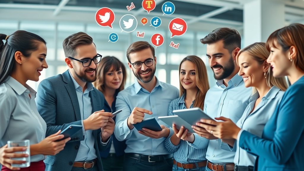 Vibrant business team collaborating with digital devices on social media marketing strategies, analyzing data and digital graphs in a modern office with social media icons floating above