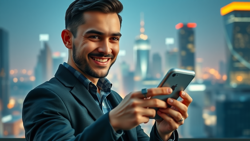 Confident modern entrepreneur posting content on smartphone with tech-inspired city social media icons, showcasing social media marketing strategy