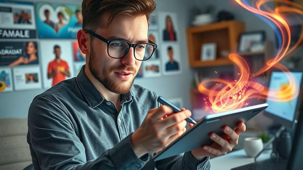 Creative content creator focused on designing digital visuals with social media graphics, exemplifying content strategy in social media marketing