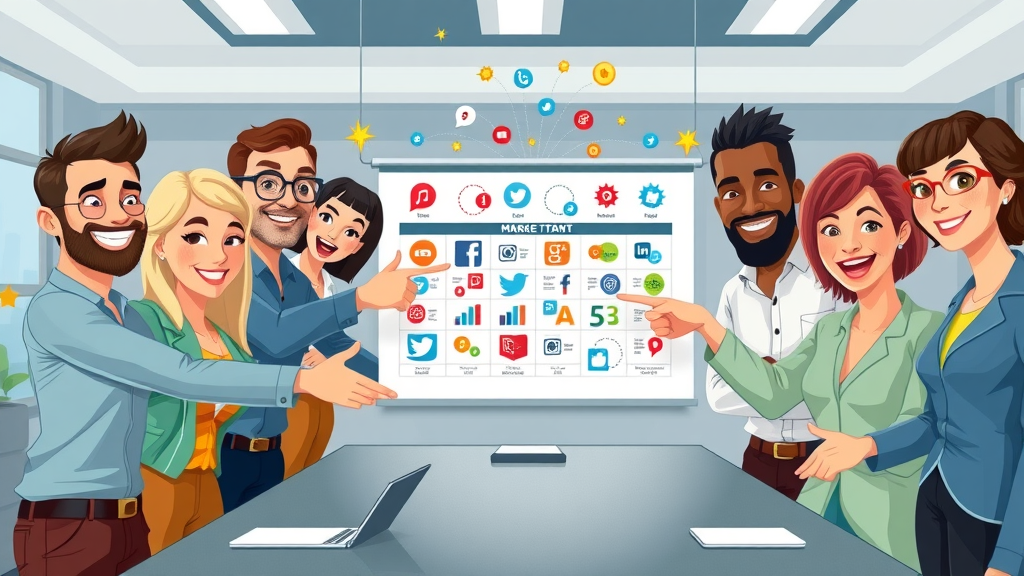 Diverse marketing team enthusiastically pointing to a colorful chart of social media platform logos, strategizing media marketing approach