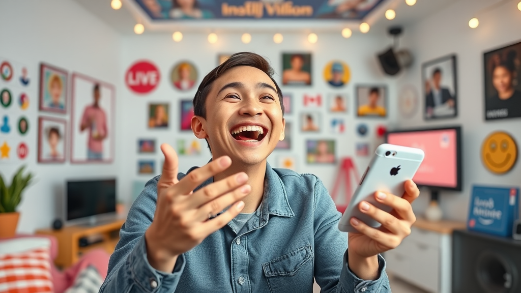 Charismatic brand ambassador engaging an audience on multiple devices during a live stream, showing brand awareness social media marketing tactics