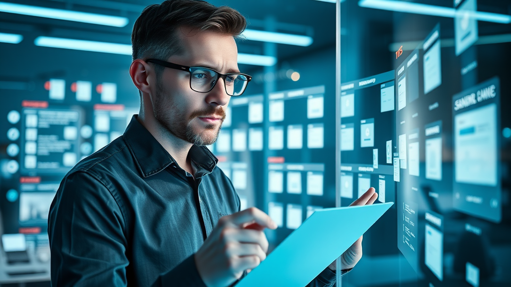 Focused marketing professional using holographic screens and digital post-its to organize a social media content calendar, showing media management best practices