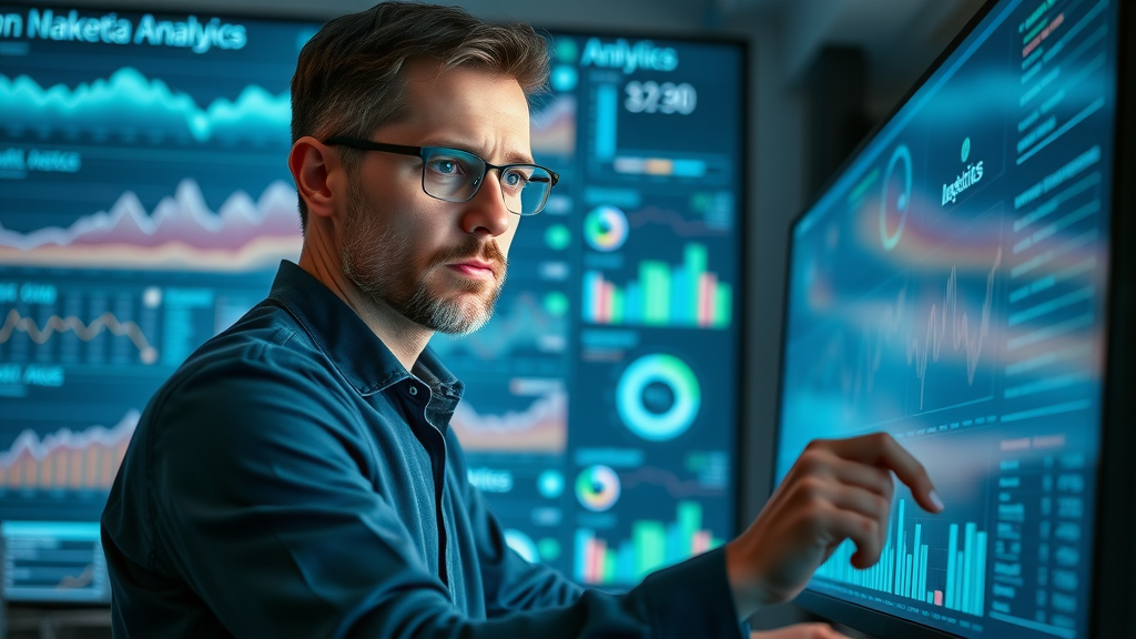 Marketing analyst examining social media analytics dashboard, focusing on key metrics for social media strategy success