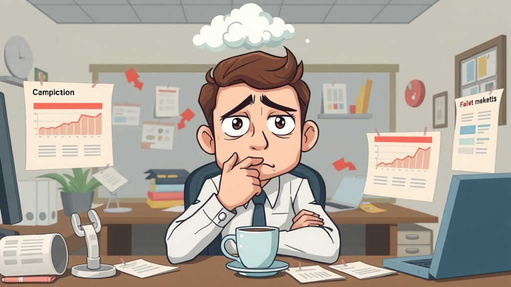 Frustrated marketer surrounded by failed social media campaign reports, highlighting common media marketing strategy mistakes