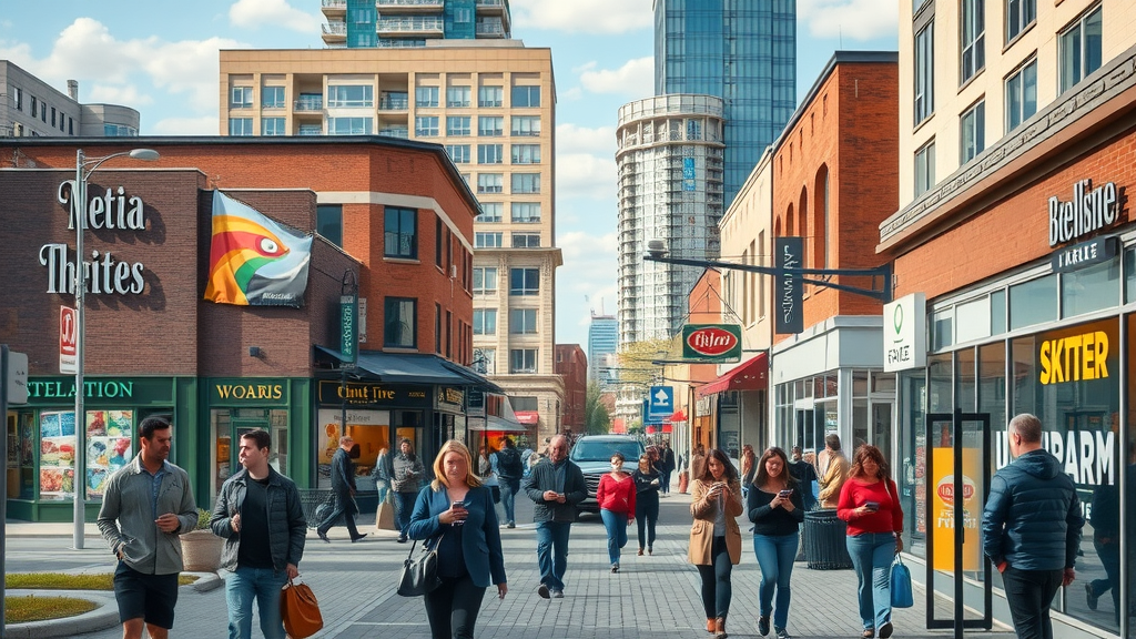 Sterling Heights main street bursting with local businesses displaying social media marketing icons and people engaging with their devices in a lively, natural scene.
