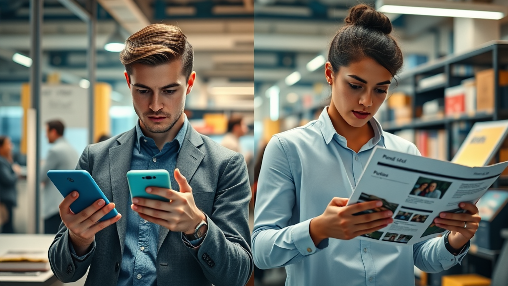Comparative scene: young professionals using social media for marketing on one side, people viewing traditional print ads on the other, illustrating Sterling Heights business approaches.