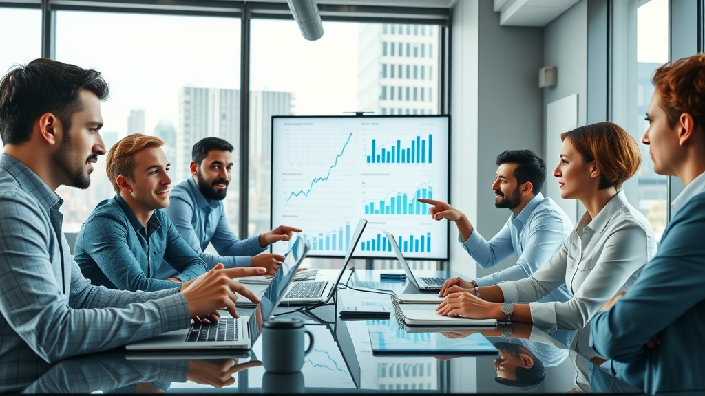 A professional Sterling Heights marketing team in a modern office, reviewing social media analytics on large screens and laptops for strategy meetings.