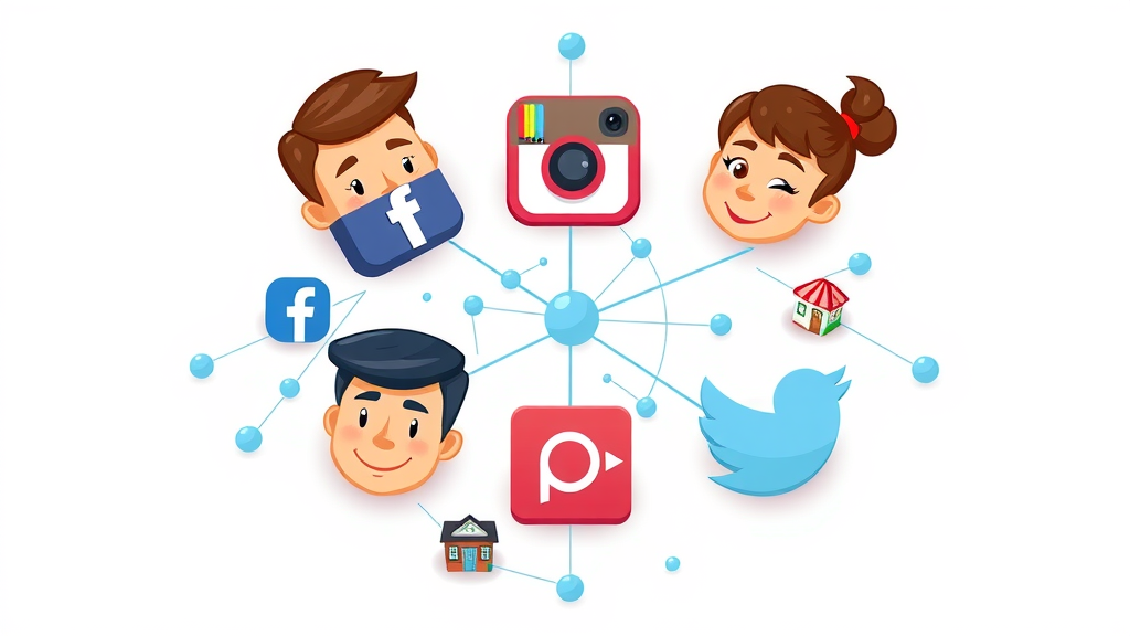 Sleek icons of main social media platforms surrounded by Sterling Heights small business imagery, visually representing marketing options.