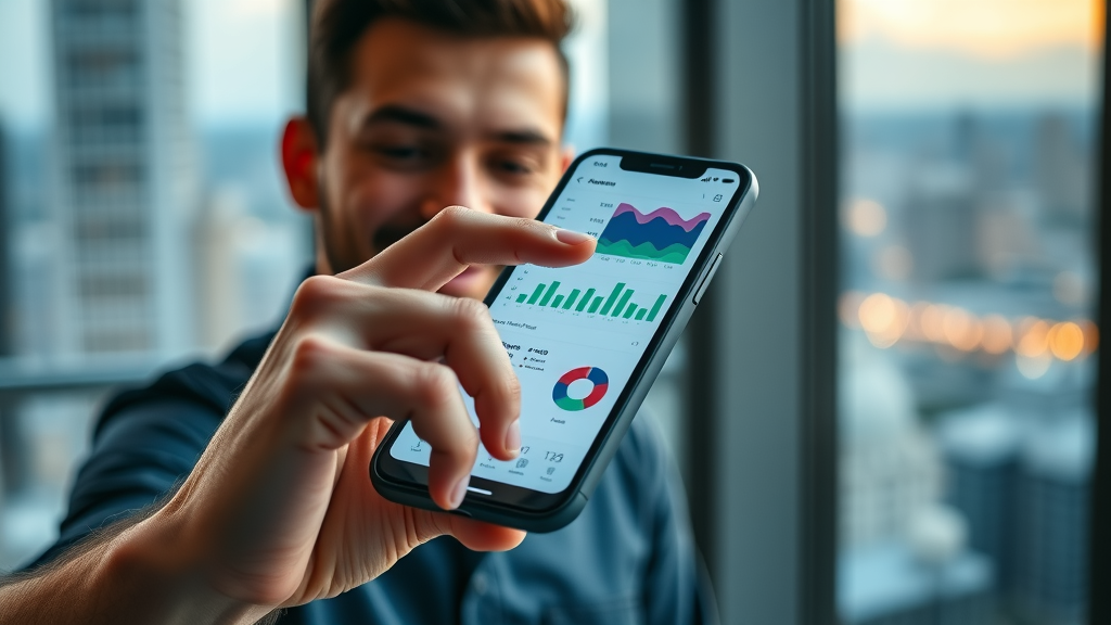 Close-up view of a Sterling Heights business owner navigating a colorful social media analytics app on their smartphone with satisfaction.