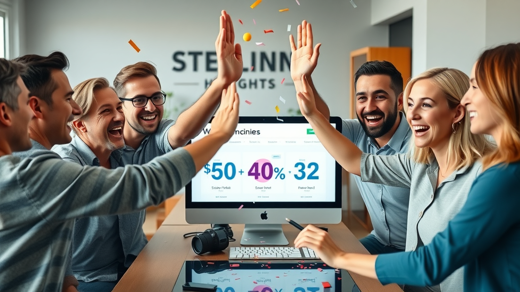 Sterling Heights team celebrating social media campaign success, reviewing strong engagement stats on a digital dashboard in-office.