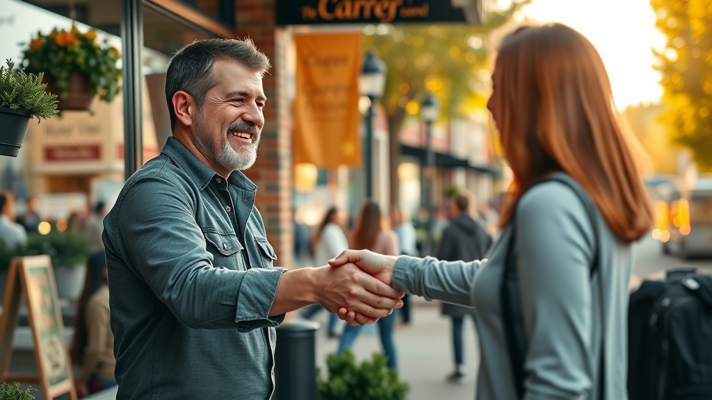 Sterling Heights business owner giving a satisfied handshake to a happy customer, signifying the power of social media marketing for local community success.